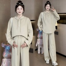 임산부 긴바지 투피스 세트 봄 가을 편안한 긴팔 후드티 + 와이드 팬츠 투피스 트레이닝 세트 JS