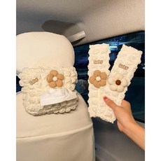 汽車安全帶護肩套 可愛卡通小熊兔子 冰絲夏天 四季通用 兒童防勒脖 汽車裝飾, 11.花泡芙護肩套2個+紙巾盒, 1個