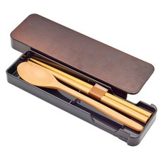HAKOYA 木紋滑蓋餐具組 18.9x5.7x2cm, 1個, 餐具盒 + 筷子 + 湯匙, 深棕色