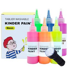 따블리에 워셔블 킨더 페인트 유아 물감 세트 뾰족캡 120ml +UV랜턴, 형광6색