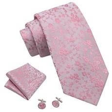 Mantieqingway 남성용 꽃무늬 타이 손수건 커프스 단추 세트 신랑 들러리 폴리에스터 넥타이 결혼식 비공식 프롬 파티용 라이트 핑크 182653