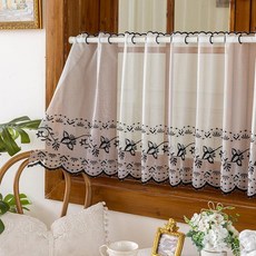 VOGOL 창문용 블랙 시어 레이스 밸런스 주방 카페 욕실용 레트로 플라워 자수 그로밋 커튼 다이닝 룸용 우아한 빈티지 너비 139.2 x 길이 61cm(55 24인치)