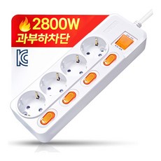 개별스위치 멀티탭 KC인증 접지 과부하차단 2800W 절전 콘센트 4구 멀티탭, 화이트(빨간스위치), 1개, 3m