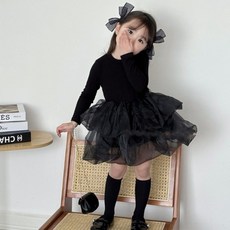 유아 아동 여아 어린이집 블랙 프릴 샤 원피스 긴팔 생일파티 촬영룩 자매