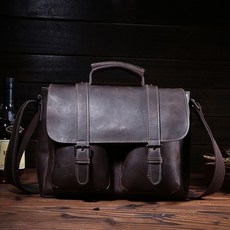 PQ8827歐美手工植鞣皮復古單肩包/男包 - 彈力耐拉個性款, 深棕色