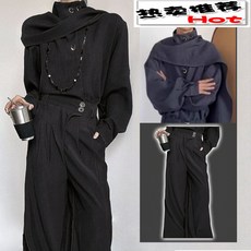 新中式立領飄帶襯衫西褲兩件套