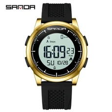SANDA 3192 판매 LED 전자 스퀘어 남성 청소년 캐주얼 다기능 온도계 스톱워치 크로노 그래프 시계, 02 Gold White