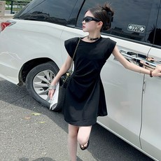 賣場優選童裝 女童洋裝 女童夏季連衣裙2025新款時尚百搭收腰中大童兒童韓版黑色法式裙子