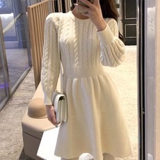 네모엔룩 여성용 메리미니 라운드넥 케이블짜임 슬림라인 골지 니트 미니 원피스 NL