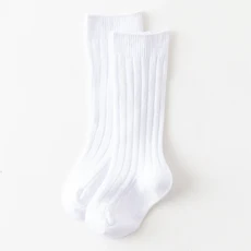 솔리드 무릎 높이 긴 양말 통기성 줄무늬 부드러운 학교 유니폼 남아 여아, [01] 3-5Years(L), 01 Light White