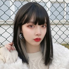 網紅中短髮造型 齊瀏海耳圈染雙色中短髮假髮﹝黑色 奶奶灰﹞, 1個