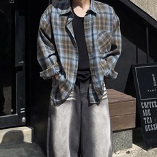 남여공용 민트브라운 워싱 오버핏 코튼 체크 셔츠 남방 시티보이 데일리