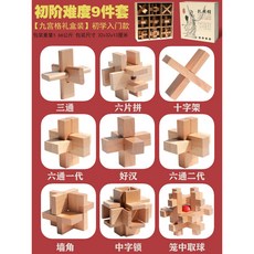 魯班鎖孔明鎖全套兒童益智玩具 小學生成人高難度積木 古典榫卯結構 挑戰智力 環保木材安全無味 鍛煉邏輯思維, 【九宮格禮盒裝】櫸木9件套A, 1個