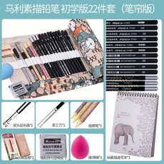 素描套裝美術用品2B鉛筆套裝 全套學生繪畫工具 鉛筆盒 炭筆碳筆, 筆簾版素描22件套裝+A4速寫本, 1個