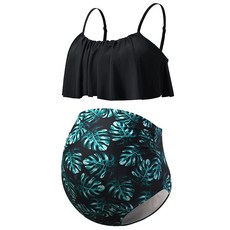 DEBELLY 임산부 비키니 세트 투피스 수영복 러플 여성용 수영복 하이 웨이스트 빈티지 임산부 수영복 블랙 화이트 꽃무늬 S, Small, 블랙 그린