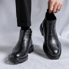 남성 앵글 부츠 앵클 남성구두 구두 반부츠 신발 남자 캐주얼 소가죽 키높이 방한화 속굽, 1개, 블랙