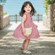 몽실이 애플버튼 체크 나시 원피스 가방세트