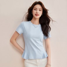 화이트 배색 프릴 밑단 구름 모양 반소매 티셔츠 여성용 여름 디자인 얇고 통기성 좋으며 슬림해 보이는 우아한 상의