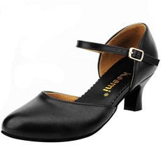 키미 볼룸 댄스 슈즈 여성용 가죽 캐릭터 슈즈 라틴 살사 탱고 플라멩코 웨딩용 블랙 앵클 스트랩 댄싱 힐 2.3"