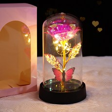 금박 장미 프리저브드 플라워 유리 돔, 금박 장식의 장미색 나비 - 소형(나비는 랜덤 발송)