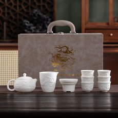節慶德化白瓷茶具浮雕全套功夫羊脂玉茶壺家用伴手禮, 1個, 羊脂玉浮雕龍西施壺6杯公杯茶漏組灰皮包:如圖所示826
