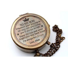 미국 수공예 황동 나침반과 나무 케이스 | 엄마에서 아들까지 새겨진 나침반 졸업 선물 생일 영감을 주는 여행 기념품, BRONZE