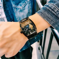 奧古拉斯自動手錶男，鏤空夜光防水月相陀飛輪機械錶，酒桶型商務休閒男錶, 黑鋼黑面銀字 鋼帶款, 1個