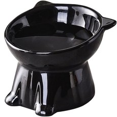 寵物陶瓷碗 加高貓碗 傾斜碗口 貓耳造型 穩固底座 貓咪舒適飲食, 黑色水碗（多多喝水）, 1個