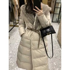 폭스퍼롱패딩 벨트롱패딩 트렌치점퍼 여성 겨울 퀄팅, 상세 페이지 참고, S 블랙 탈부착 구스다운 모자