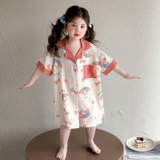 UNPZ女童睡袍可愛睡裙夏季薄款兒童中長款浴袍短袖開衫翻領晨袍家居服