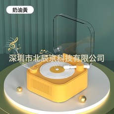 黑膠唱片機藍牙音響生日禮物迷你旋轉音響低音炮FM播放器無線音箱, 如圖所示, 復古轉盤【奶油黃】