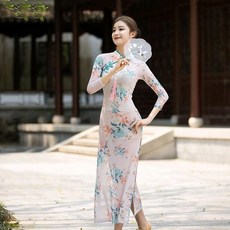 古典舞旗袍 彈力舞蹈服 斜襟網紗五分袖開叉, 1個, M,僊女蘭含衕色打底褲