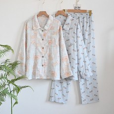 純棉雙層紗小狗條紋長袖翻領開衫睡衣 - 柔軟舒適家居服