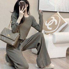 港味複古小香風套裝 減齡休閒運動套裝 長褲兩件套裝 秋鼕新款 短版上衣闊腿褲