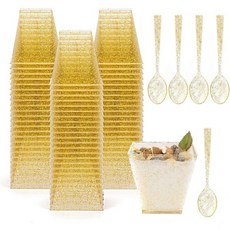 Tebery 테베리 100팩 8oz 골드 글리터 미디엄 플라스틱 디저트 컵 시음 파티 에피타이저용 사각 그릇 100스푼 포함