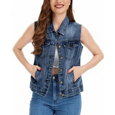 Ellunis Womens Button Front Denim Jacket Vest Sleeveless Vintage Jean Crop Tank Top, 그레이 블루