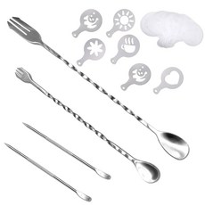 ACKLLR 36개 커피 아트 메이커 세트 32피스 장식 스텐실 바리스타 템플릿 + 라떼 펜 2개 2팩 나선형 패턴 믹싱 스푼 포크 2 in 1 무스 케이크 생일 파티 바 에, ACKLLR 36개 커피 아트 메이커 세트, 32피스