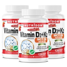뉴트리돔 비타민 D3+K2 MCT오일함유 최적배합 Vitamin D3 & K2 1000IU 120소프트젤 캐나다 직구, 3개, 120정