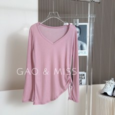 GAO & MISS V領長袖上衣，側邊綁繩設計，顯瘦透氣，寬鬆罩衫，健身運動服