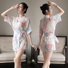 夏季印花睡袍 和服式網紗睡袍 女居家睡裙