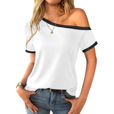 Remidoo 여성용 반소매 오프 숄더 링거 티셔츠 루즈핏 캐주얼 여름 상의 블루. M, 화이트