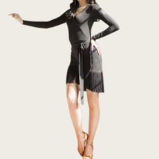 Makone 여성 라틴댄스복 슬림핏 긴소매 태슬 힙업 스트랩 원피스