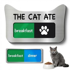 EliteSign 자석이 있는 고양이 먹이 알림 용품 고양이 먹이가 있는 반려동물 식사 추적기 아크릴 독특한 귀 모양 2 영역 피드 표지판 아침 및 저녁 식사 포함 스티, 실버, 1