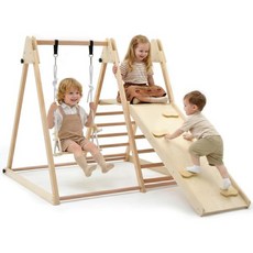 OLAKIDS 실내 정글짐 4-in-1 접이식 유아용 목재 몬테소리 등반 장난감 (그네 미끄럼틀 경사로 사다리 포함) – 어린이 놀이터 등반 활동용 놀이 구조물, Natural