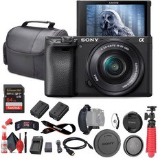 소니 a6400 미러리스 카메라 16-50mm 렌즈 실시간 아이 오토 포커스 4K 비디오ILCE-6400LB 64GB 메모리 카드 NP-FW50 배터리 충전기 케이스 유연 삼각, Black