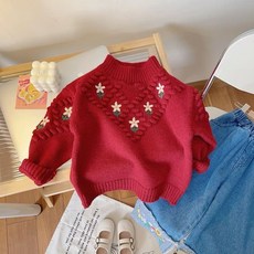 女童秋冬加厚刺繡毛衣，韓版洋氣花朵新年衣服