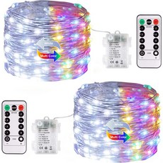 JMEXSUSS 2팩 색상 변경 요정 조명 배터리 작동 리모컨이 총 200개의 LED 66피트 침실 장 8가지 모드 반짝이 스트링 쿨 화이트 및 멀티컬러, 2 Pack 200LED, White