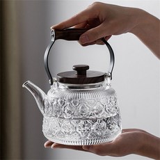 提樑壺蒸煮兩用高硼硅耐熱玻璃煮茶壺胡桃木把燒水壺, 透明海棠壺