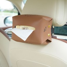 汽車頭枕紙巾盒 可愛汽車扶手箱抽紙盒 車內裝飾用品, 皮革摺疊紙巾盒（棕色-開心熊）, 1個