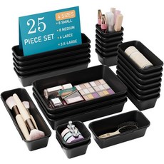 쿠테나 25 PCS 블랙 서랍 정리함 세트 사무용품용 4 사이즈 연동 플라스틱 보관함 주얼리 메이크업 화장대 욕실 주방 홈 정리 옷장 가젯 작은 템, Black